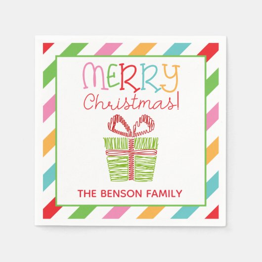 カラフル落書きクリスマスプレゼントパーティーナプキン スタンダードカクテルナプキン (正面)