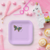 カラフル薄紫背景の蝶 ペーパープレート (パーティー)