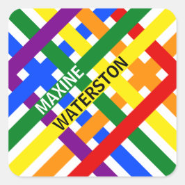 カラフル虹色の斜ストライプ線の名前テンプレート スクエアシール