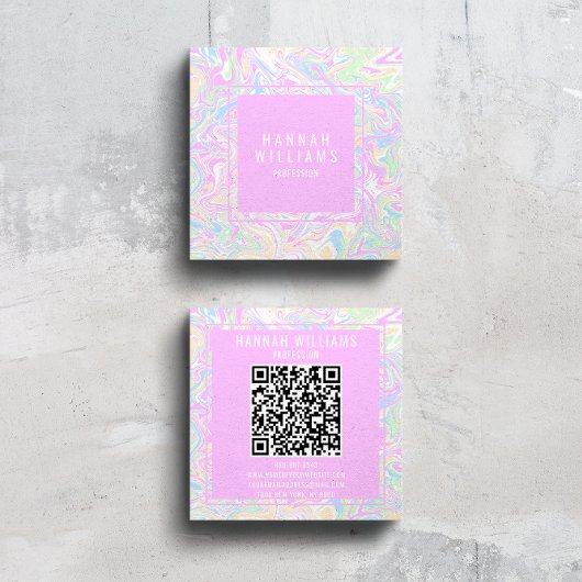 カラフル虹QRコード液モダンガーリー スクエア名刺