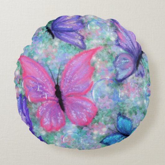 カラフル蝶飛んでいる- Joy - ラウンドクッション (正面)