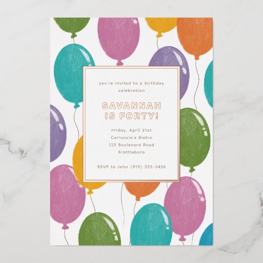 カラフル誕生日バルーンパーティの招待状 箔招待状 (正面)
