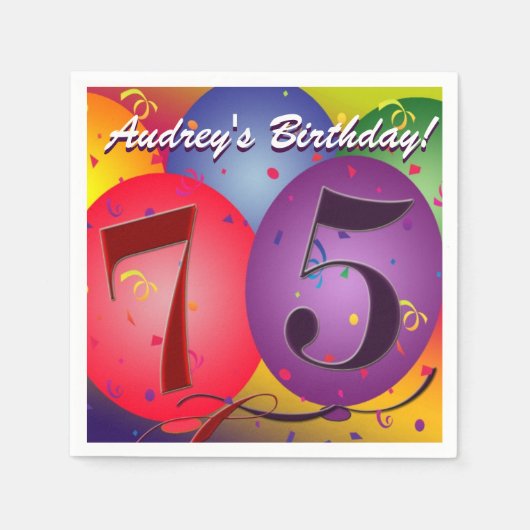 カラフル誕生日バルーン75歳! スタンダードカクテルナプキン (正面)