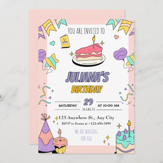 カラフル誕生日パーティーの招待状 招待状 (正面/裏面)