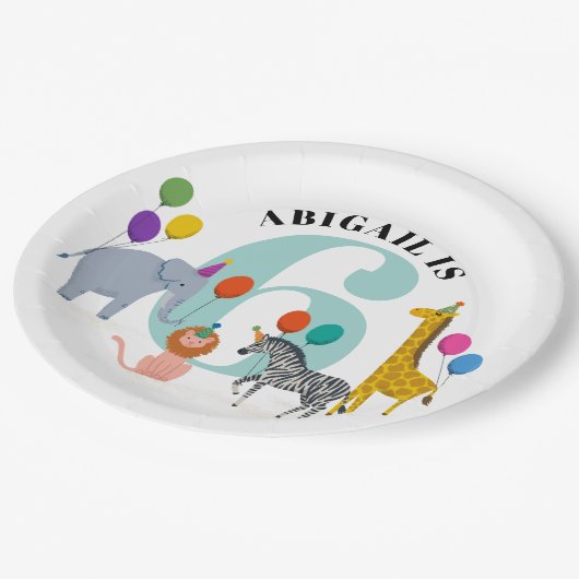 カラフル誕生日パーティーサファリ動物 ペーパープレート (アングル)