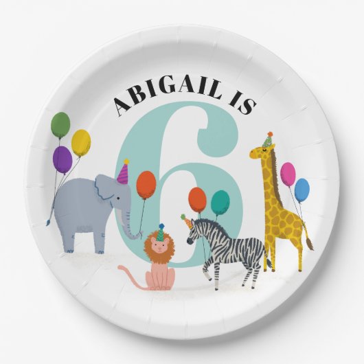 カラフル誕生日パーティーサファリ動物 ペーパープレート (正面)