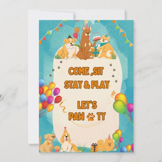 カラフル誕生日ポーティかわいい子犬 招待状 (裏面)