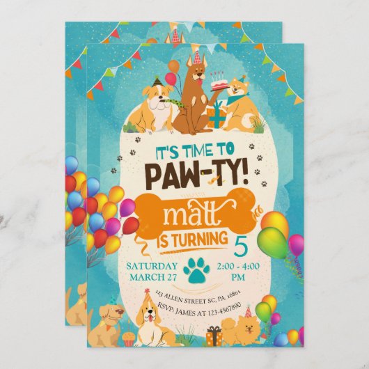 カラフル誕生日ポーティかわいい子犬 招待状 (正面/裏面)