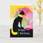 カラフル誕生日猫パーティー帽子カップケーキ カード (黄色い花)