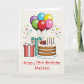 カラフル誕生日風船とケーキとプレゼント カード (正面)