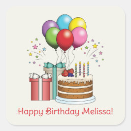 カラフル誕生日風船とケーキとプレゼント スクエアシール