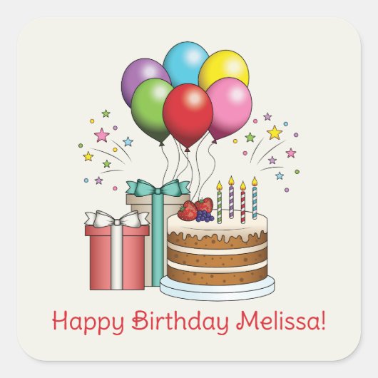 カラフル誕生日風船とケーキとプレゼント スクエアシール (正面)