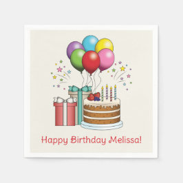 カラフル誕生日風船とケーキとプレゼント スタンダードカクテルナプキン