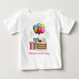 カラフル誕生日風船とケーキとプレゼント ベビーTシャツ
