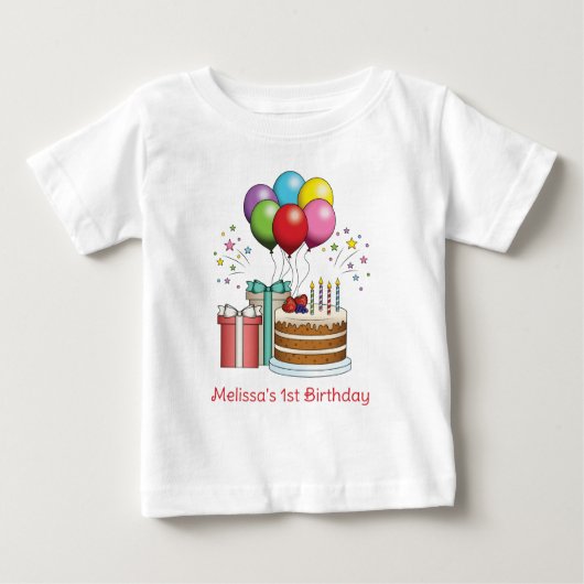 カラフル誕生日風船とケーキとプレゼント ベビーTシャツ (正面)