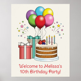 カラフル誕生日風船とケーキとプレゼント ポスター