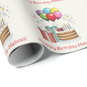 カラフル誕生日風船とケーキとプレゼント ラッピングペーパー (ロールコーナー)