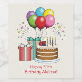 カラフル誕生日風船とケーキとプレゼント ワインラベル (シングルラベル)