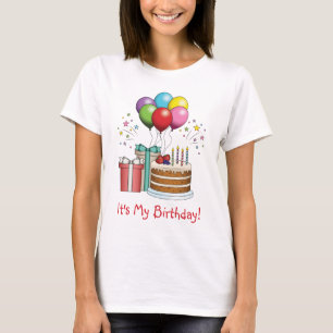 カラフル誕生日風船とケーキとプレゼント Tシャツ