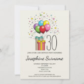 カラフル誕生日風船と年齢の付いたプレゼント 招待状 (正面)