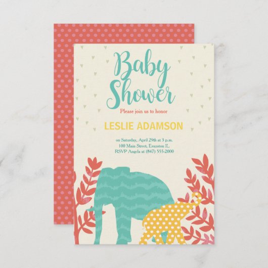 カラフル象のベビーシャワーの招待 招待状 (正面/裏面)