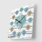カラフル貝類と白風化木材 スクエア壁時計 (傾斜)