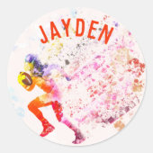 カラフル走サッカー選手アート名前をカスタムする ラウンドシール (正面)