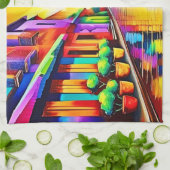 カラフル通りシーンアート キッチンタオル (折り畳み)