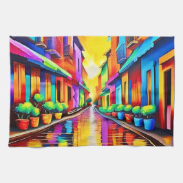 カラフル通りシーンアート キッチンタオル