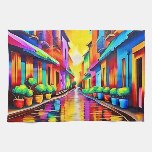 カラフル通りシーンアート キッチンタオル (横)