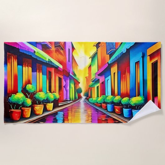 カラフル通りシーンアート ビーチタオル (正面)