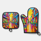 カラフル通りシーンアート 鍋つかみ&鍋敷きセット (正面)