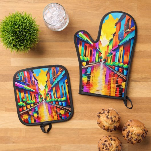 カラフル通りシーンアート 鍋つかみ&鍋敷きセット (トップダウン)