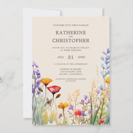 カラフル野エレガント花ベージュ結婚ス 招待状 (正面)