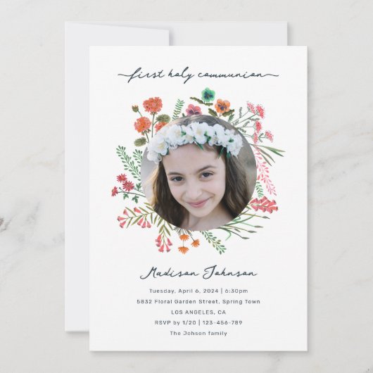 カラフル野草第一聖体拝受写真 招待状 (正面)