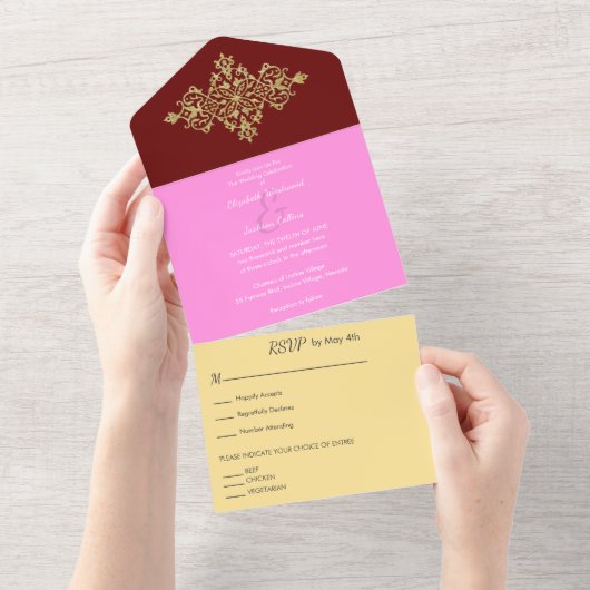 カラフル金ゴールド結婚で オールインワン招待状 (貼ってはがせる)