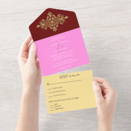 カラフル金ゴールド結婚で オールインワン招待状