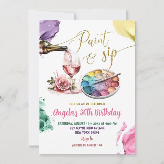 カラフル金ゴールド絵を描と園区大人の誕生日パーティー 招待状 (正面)