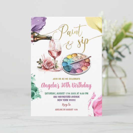 カラフル金ゴールド絵を描と園区大人の誕生日パーティー 招待状 (スタンド正面)