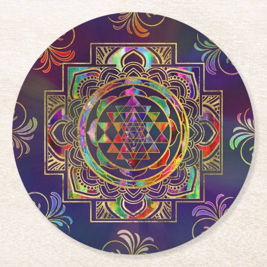 カラフル金ゴールド額枠スリヤントラスリチャクラ ラウンドペーパーコースター (正面)