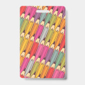 カラフル鉛筆パターンのプライマリ先生写真ID バッジ (裏面)