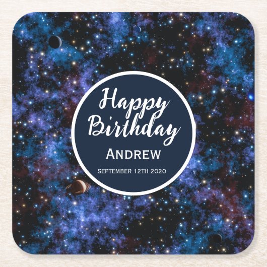 カラフル銀河系、星、惑星 スクエアペーパーコースター (正面)
