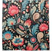 カラフル開花と黒のペイズリーパターン シャワーカーテン (正面)