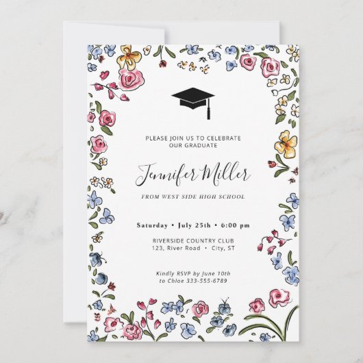 カラフル開花手描き卒業パーティー写真 シーズンカード (正面)