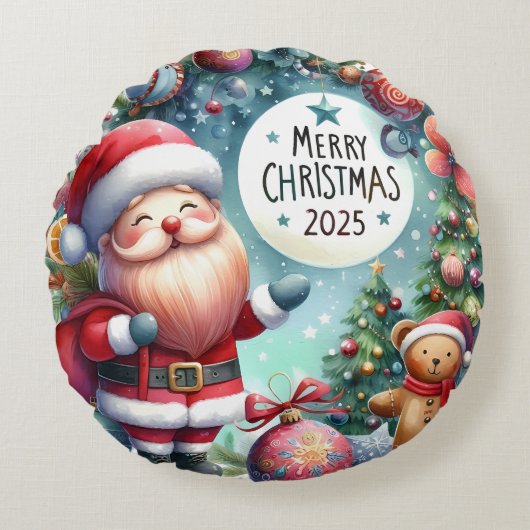 カラフル雪だるま&オーナメントクリスマスピロー ラウンドクッション (正面)