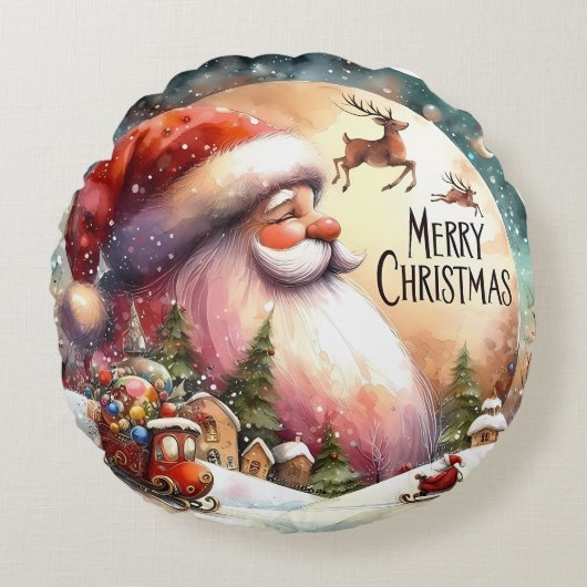 カラフル雪だるま&オーナメントクリスマスピロー ラウンドクッション (正面)