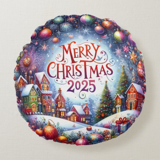 カラフル雪だるま&オーナメントクリスマスピロー ラウンドクッション (正面)