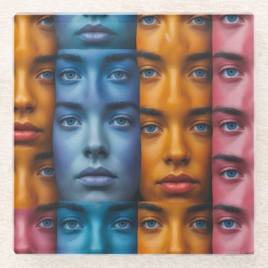 カラフル顔パターン ガラスコースター (正面)