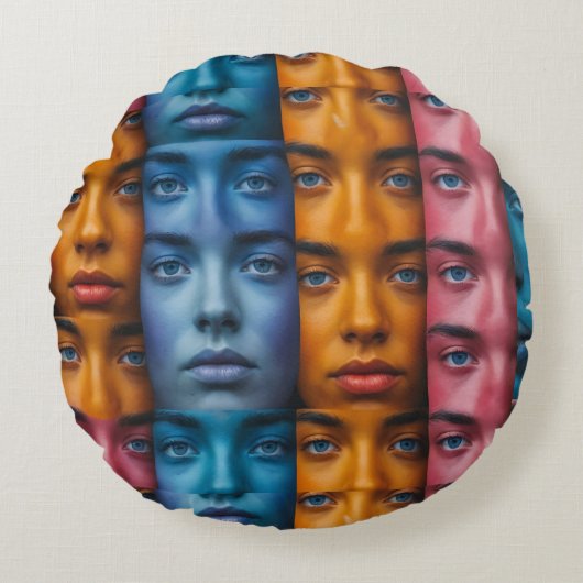 カラフル顔パターン ラウンドクッション (正面)