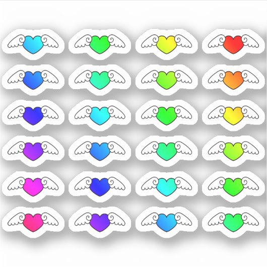 カラフル飛んでいるハート翼の形をした小さなハート シール (正面)